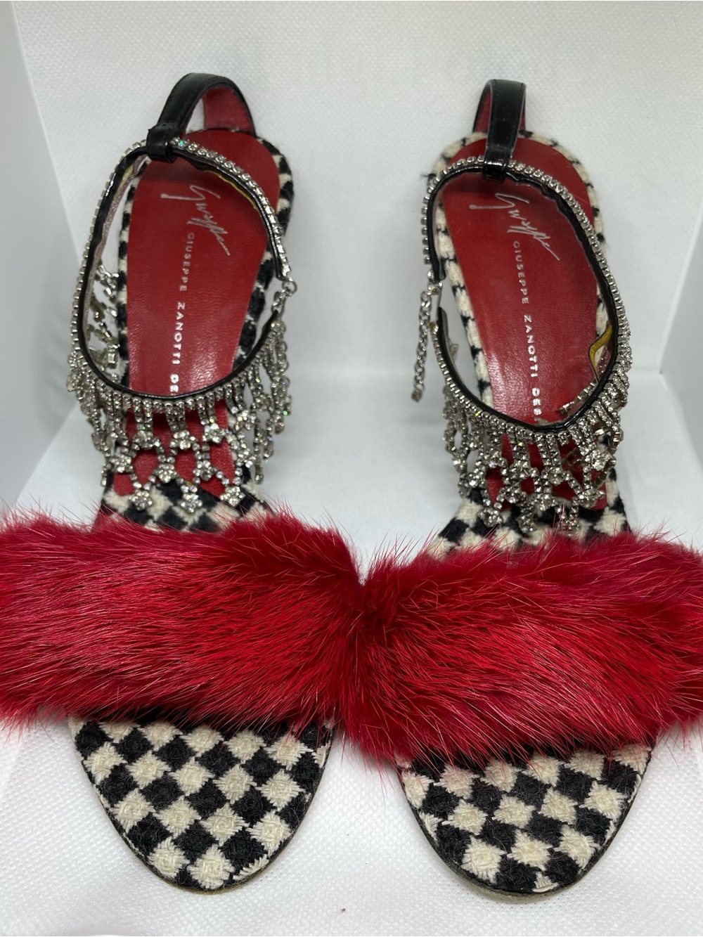Giuseppe Zanotti Red Fur Crystal Fringe Houndstooth Sandals Heels Size 36